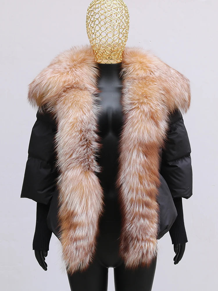 Black down swag coat with fox fur collar