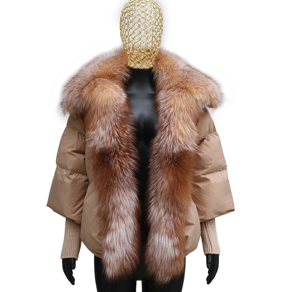 Black down swag coat with fox fur collar