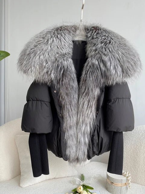 Black down swag coat with fox fur collar