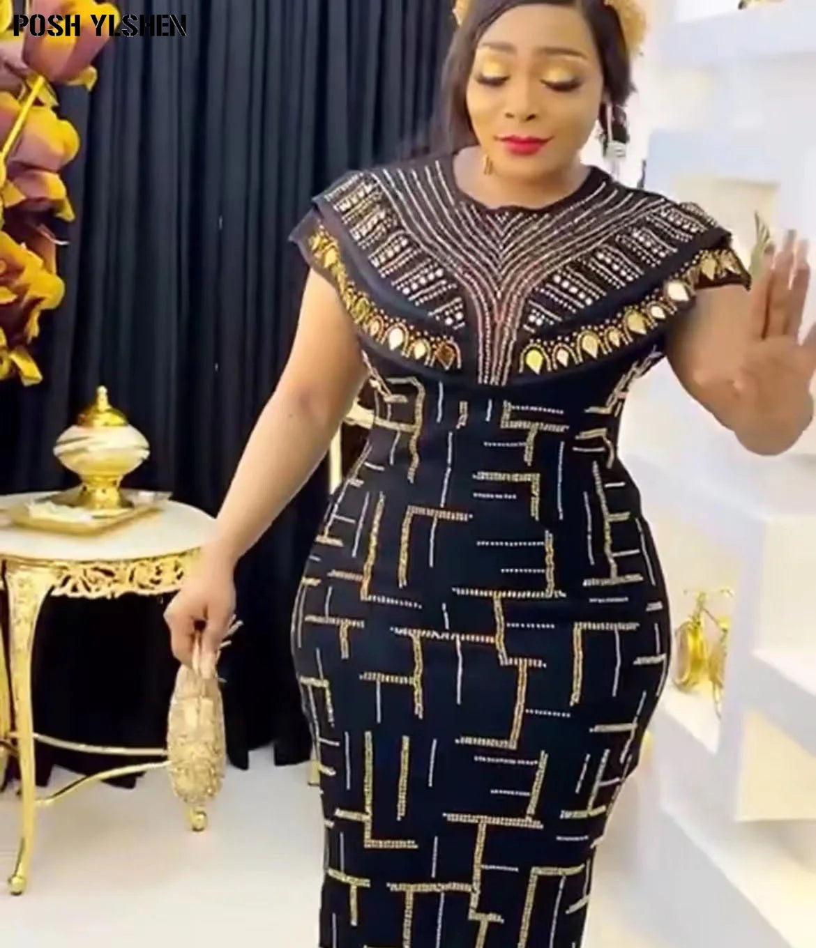 Robe Midi Africaine - Élégante et Séduisante - Moulante Longue avec Strass 2023