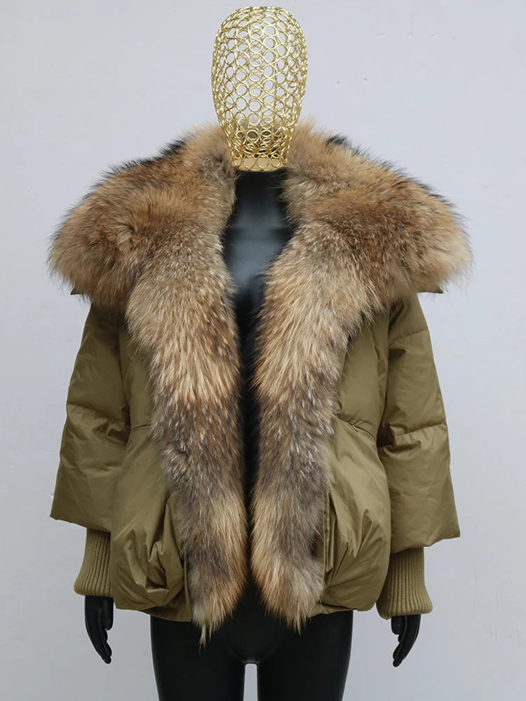 Black down swag coat with fox fur collar