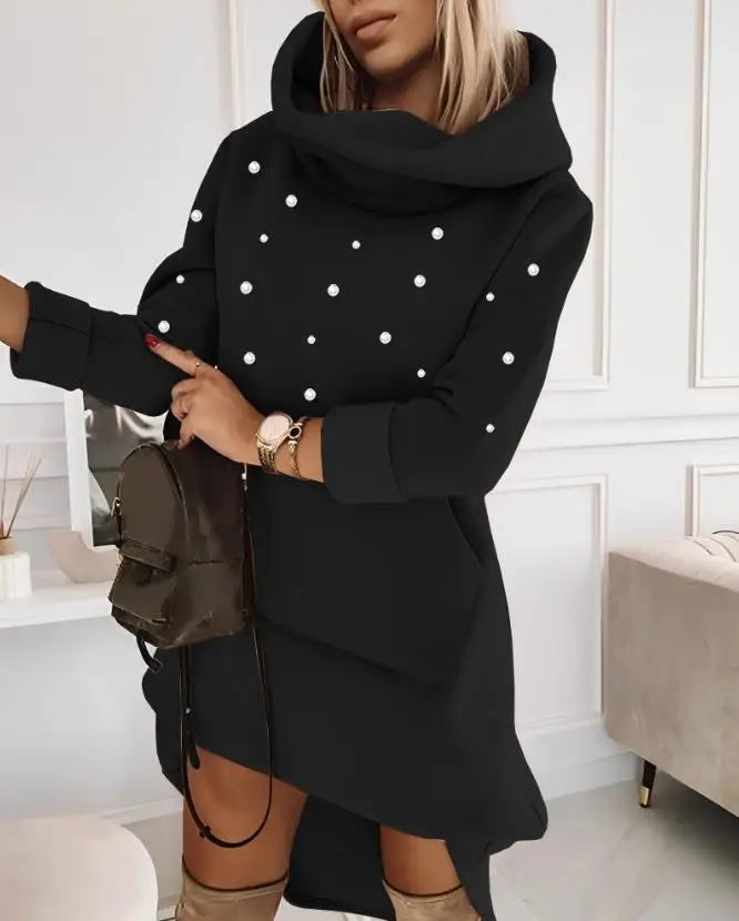 Elegant Beaded Hoodie Dress for Women 2023 Fashion Autumn Winter Spring