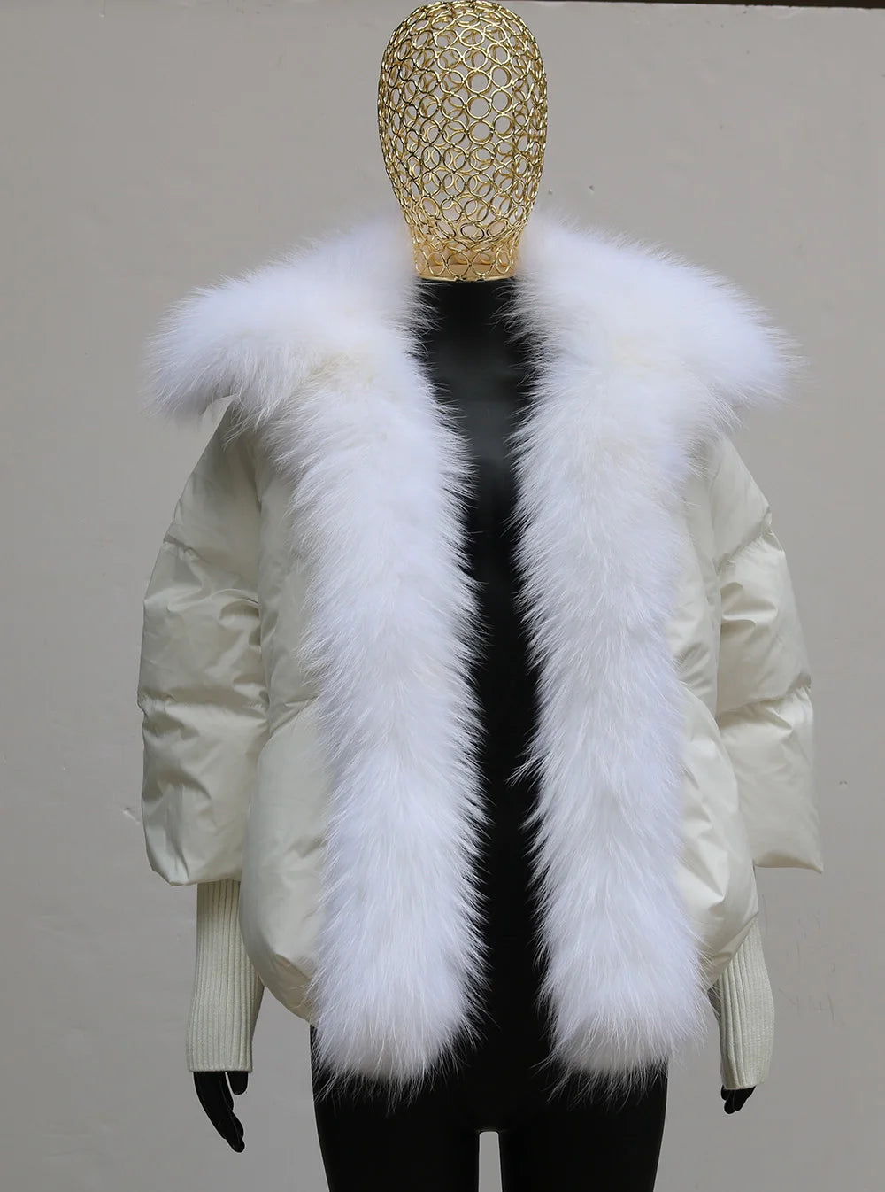 Black down swag coat with fox fur collar