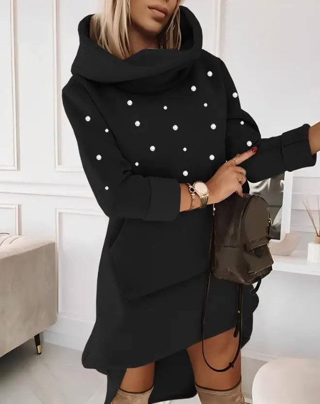 Elegant Beaded Hoodie Dress for Women 2023 Fashion Autumn Winter Spring