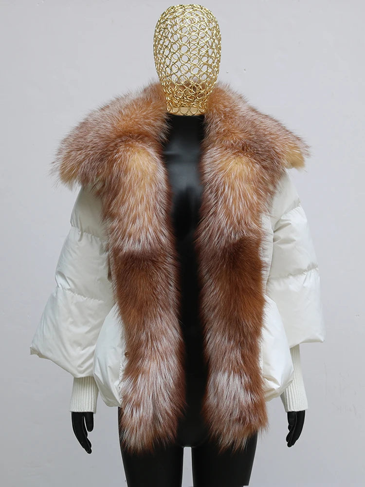 Black down swag coat with fox fur collar