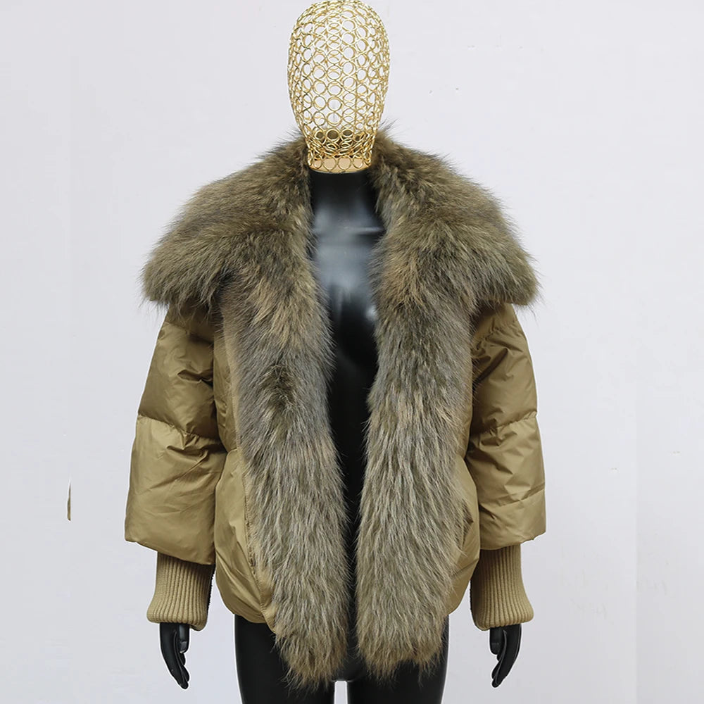 Black down swag coat with fox fur collar