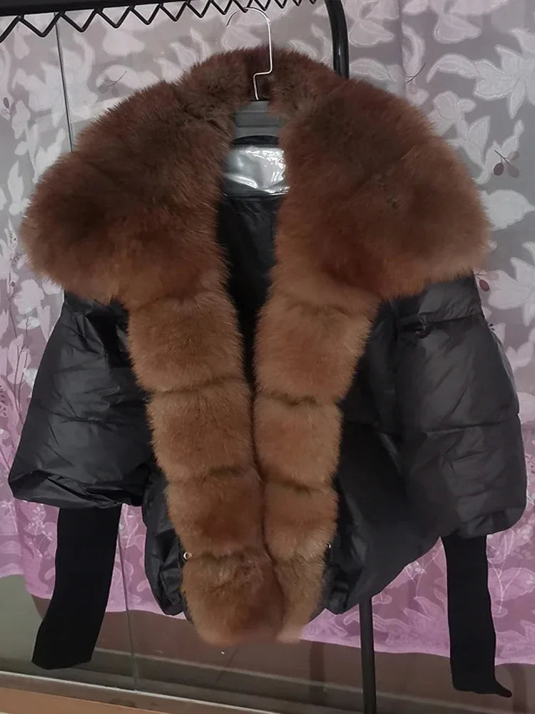 Black down swag coat with fox fur collar