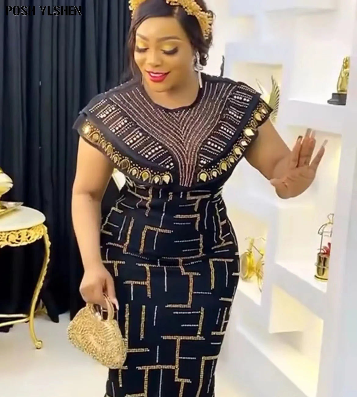 Robe Midi Africaine - Élégante et Séduisante - Moulante Longue avec Strass 2023