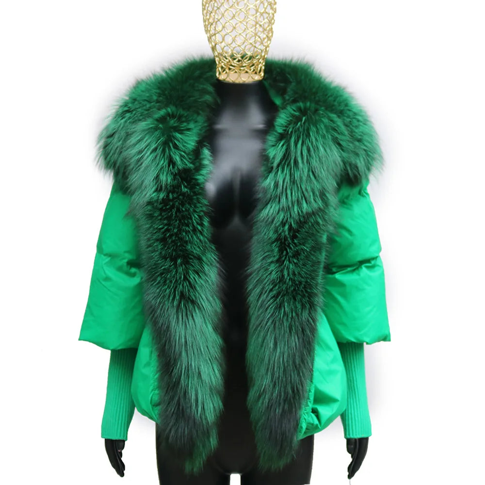 Black down swag coat with fox fur collar