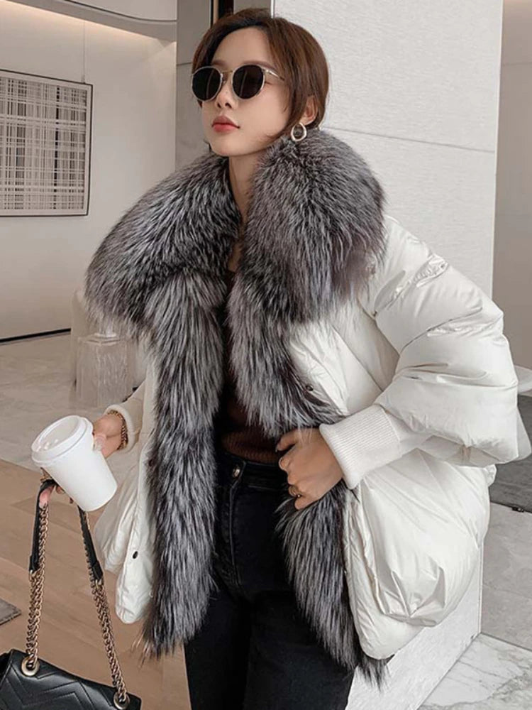 Black down swag coat with fox fur collar