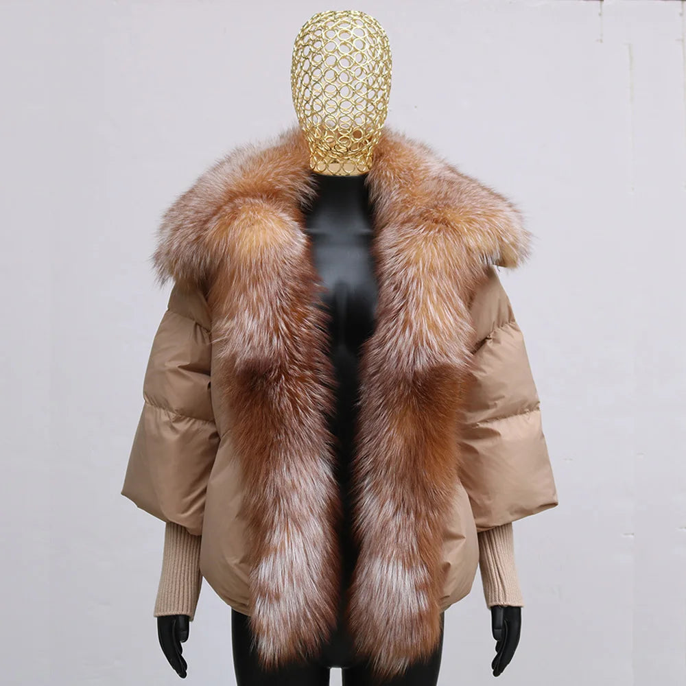 Black down swag coat with fox fur collar