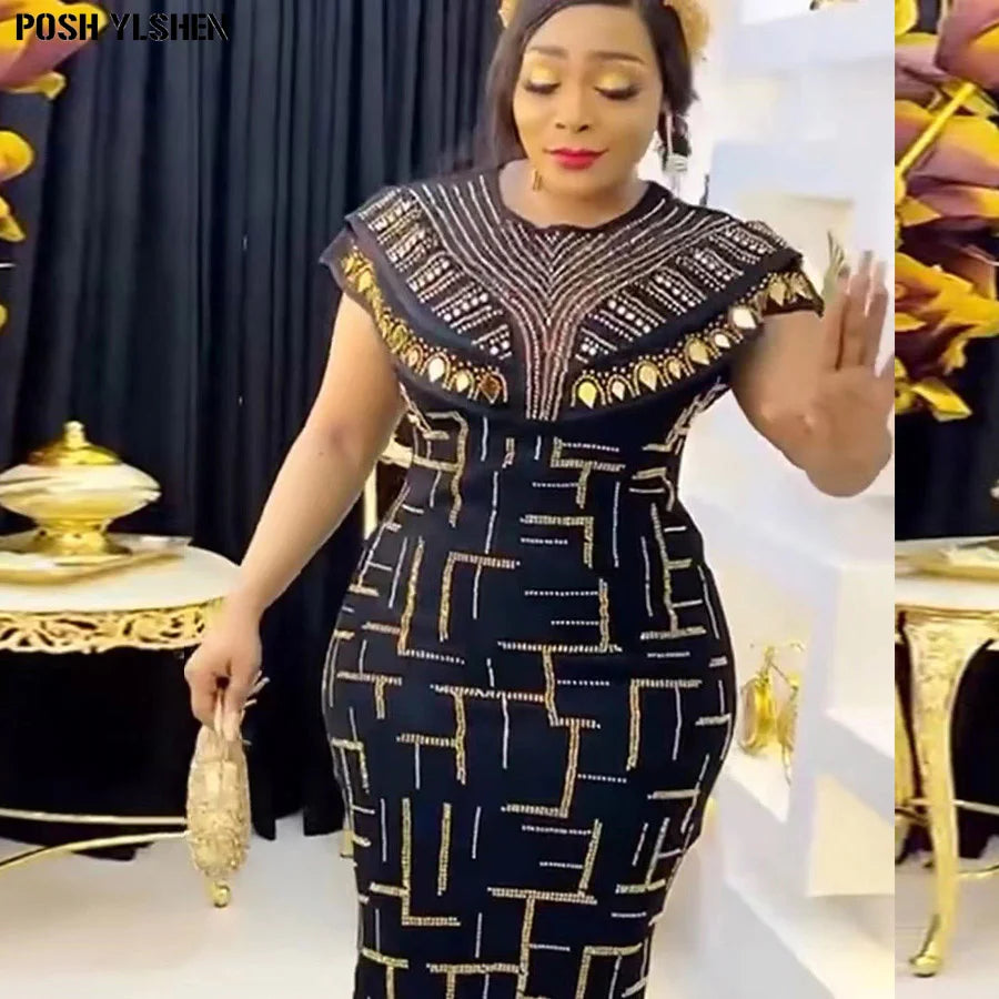 Robe Midi Africaine - Élégante et Séduisante - Moulante Longue avec Strass 2023