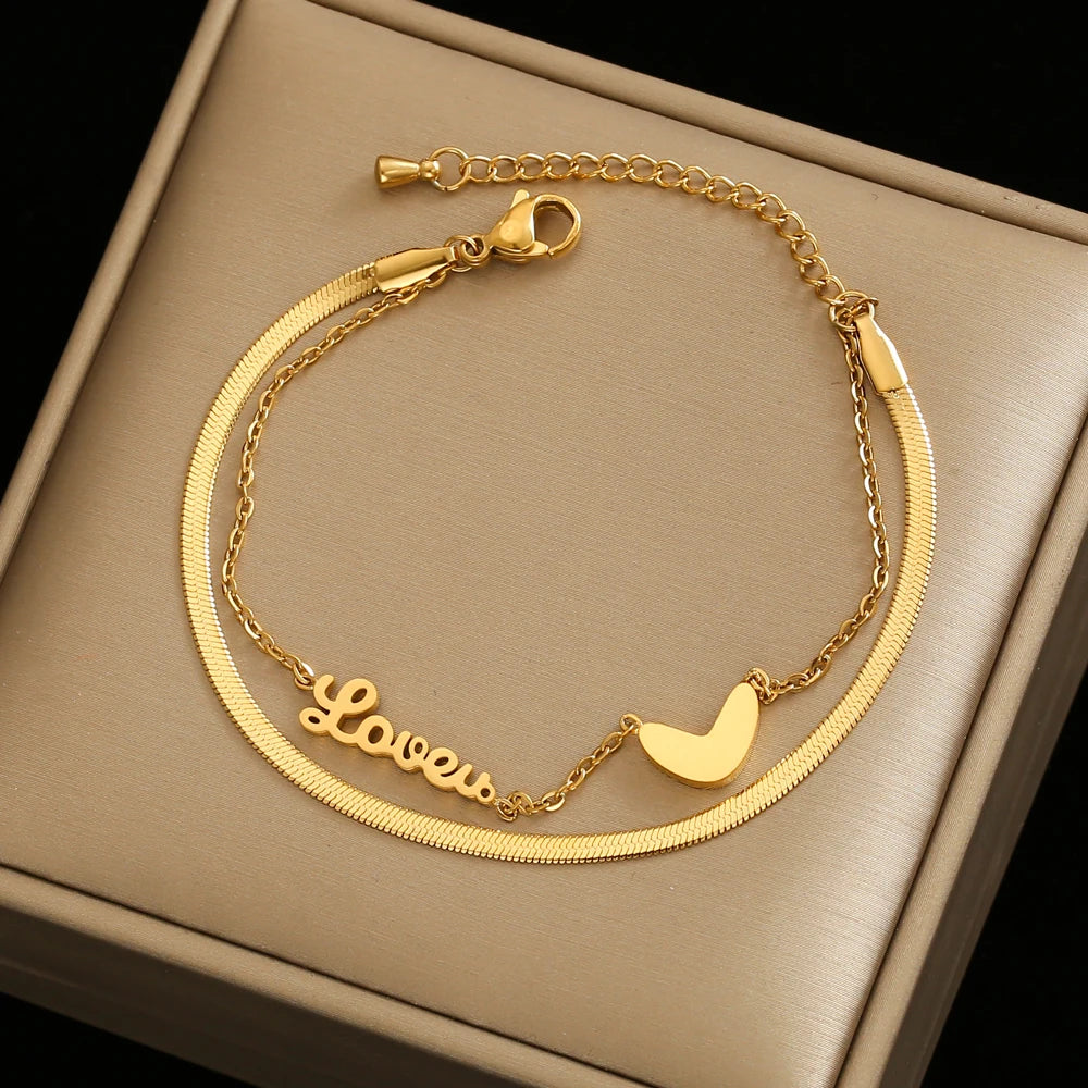 Gold Stainless Steel Ankle Bracelet Letter LOVE Double Heart