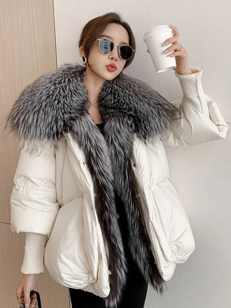 Black down swag coat with fox fur collar