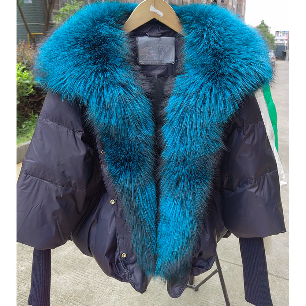 Black down swag coat with fox fur collar