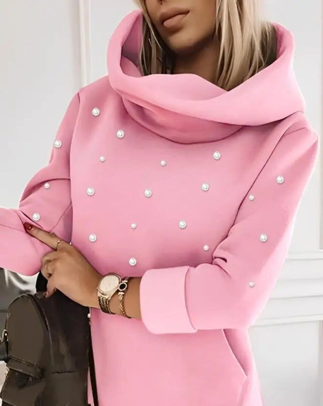 Elegant Beaded Hoodie Dress for Women 2023 Fashion Autumn Winter Spring