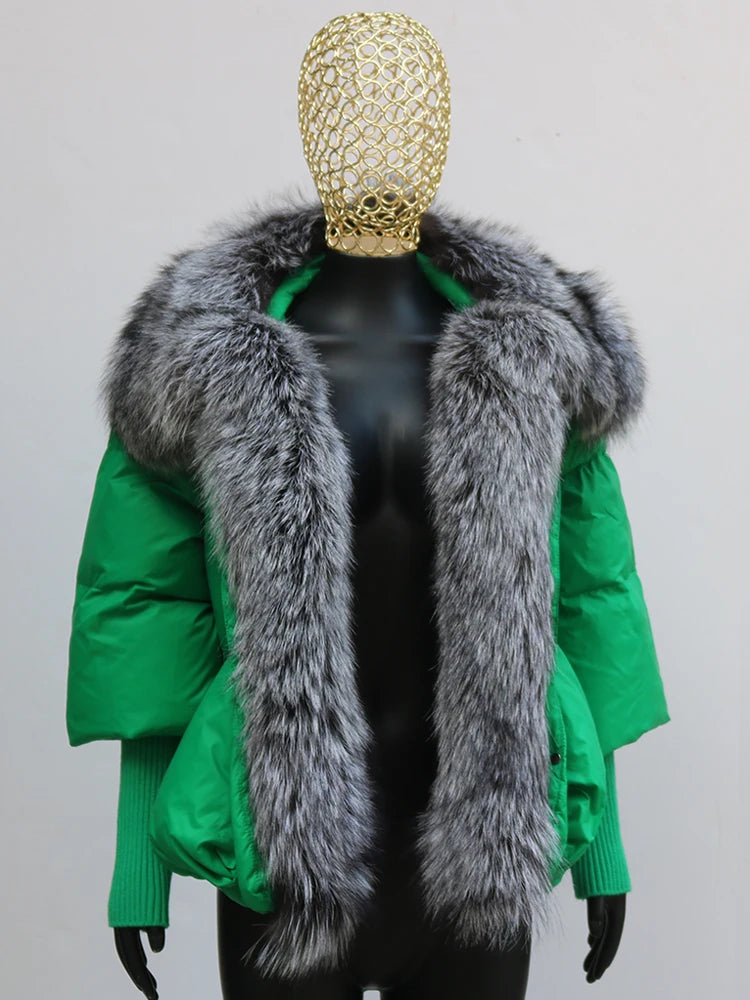 Black down swag coat with fox fur collar