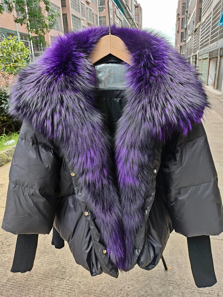 Black down swag coat with fox fur collar