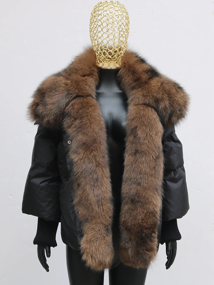 Black down swag coat with fox fur collar