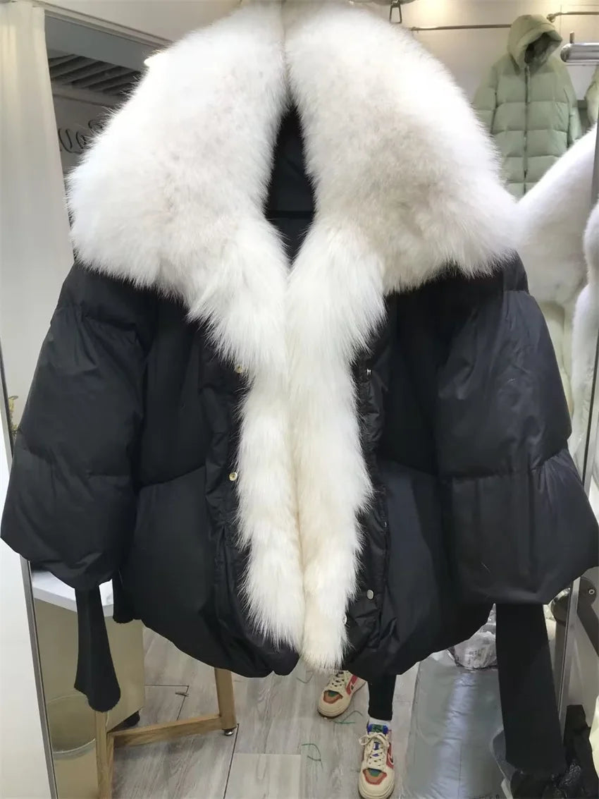 Black down swag coat with fox fur collar