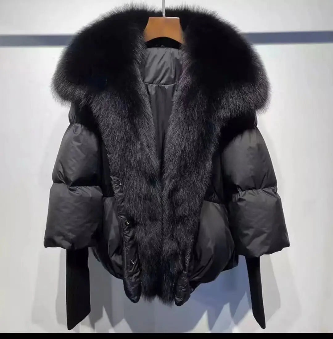 Black down swag coat with fox fur collar