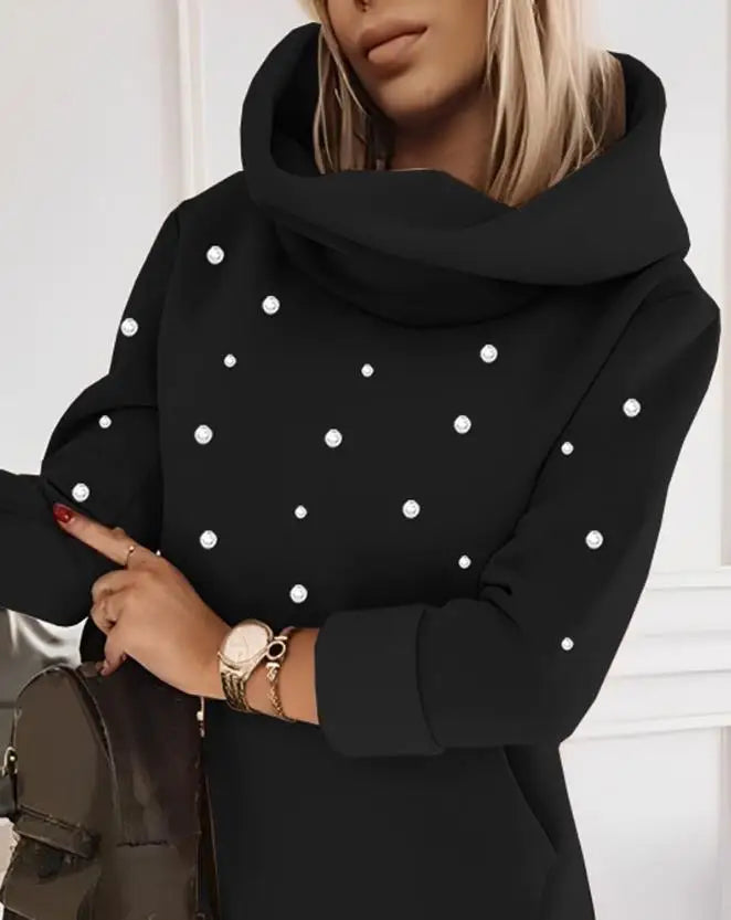 Elegant Beaded Hoodie Dress for Women 2023 Fashion Autumn Winter Spring