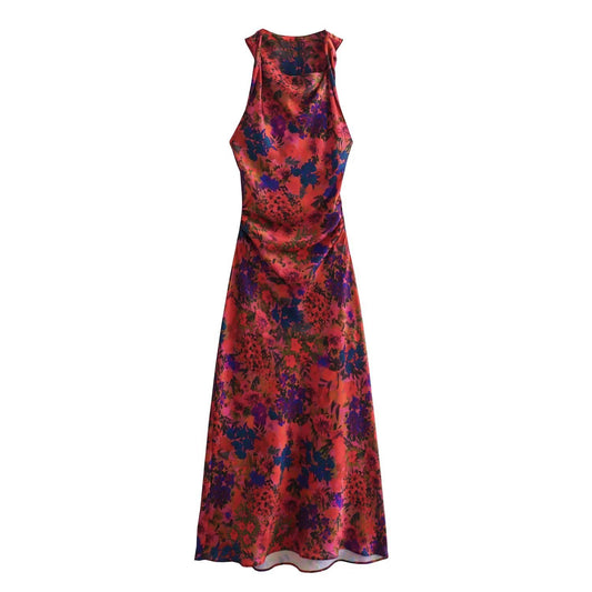 Floral printed silk satin dress